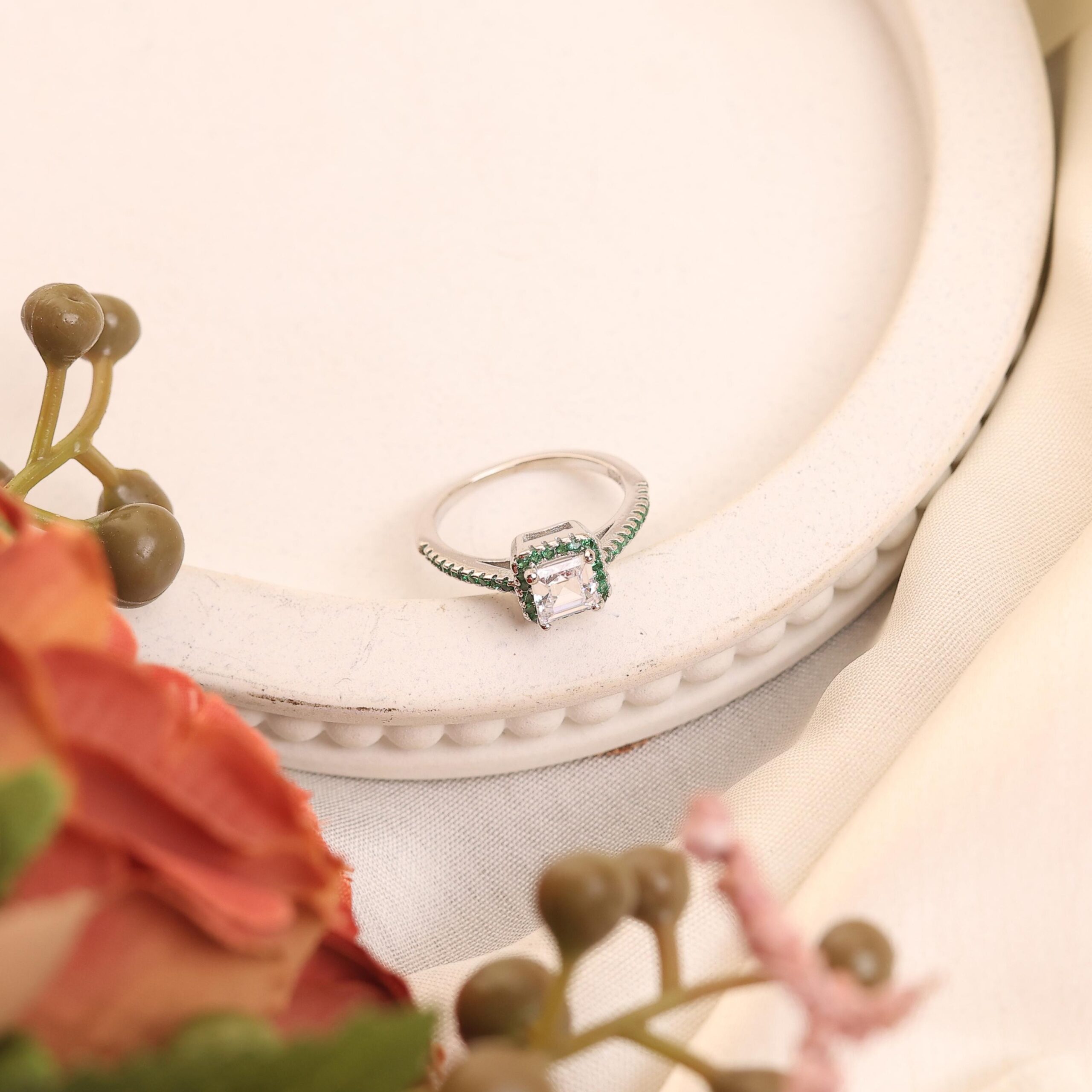 Emerald-Accent Square Diamond Ring