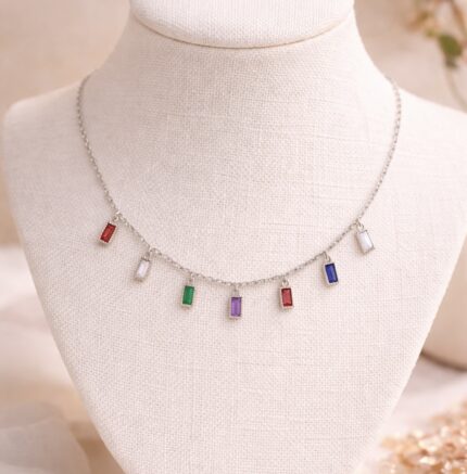 Sterling Silver Multicolor Charm Necklac