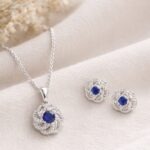 925 Sterling Silver Blue Crystal Floral Pendant Set with Earrings
