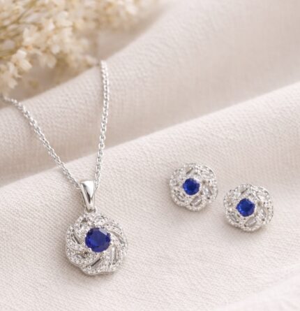 925 Sterling Silver Blue Crystal Floral Pendant Set with Earrings
