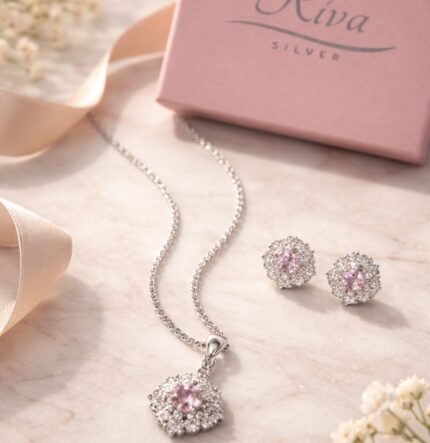 Pink Crystal Floral Pendant Set with Earrings
